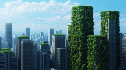 Fototapeta premium Modern Urban Jungle with Lush Green Rooftops and Glass Skyscrapers