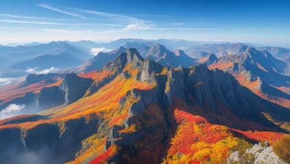 Fototapeta premium Majestic Autumn Mountains, A panoramic vista of fall foliage adorning jagged peaks under a clear blue sky