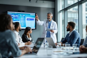 Doctor leading a business meeting with a team, discussing data on a screen in a modern office setting.