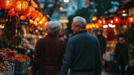 Obraz premium Elderly Couple Walking Through A Night Market