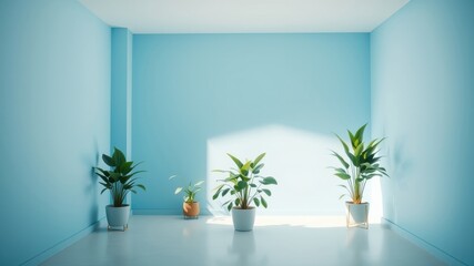 Fototapeta premium Simple minimalist interior design with potted plants in a light blue room with sunlight streaming in