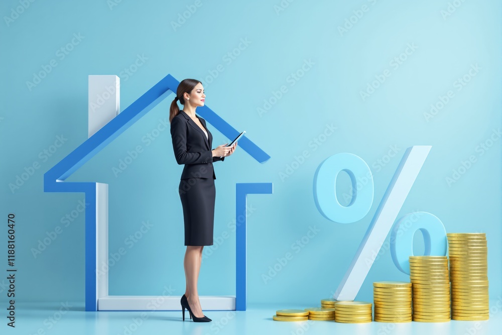 Wall mural Businesswoman analyzing mortgage rates with digital tablet, standing near a house icon, percentage sign, and stacked coins.