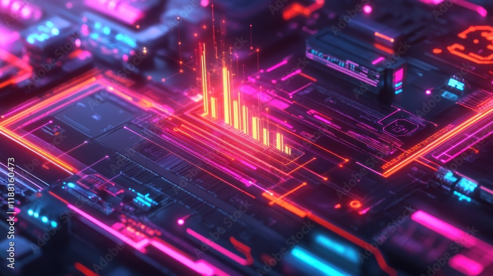 Poster abstract neon circuit board with data flow.