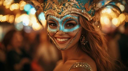 A beautiful Brazilian woman celebrating Carnival, wearing an elegant gold mask adorne