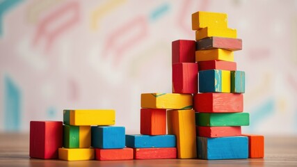 Obraz premium A colorful tower of wooden blocks standing tall against a blurred background of playful patterns.
