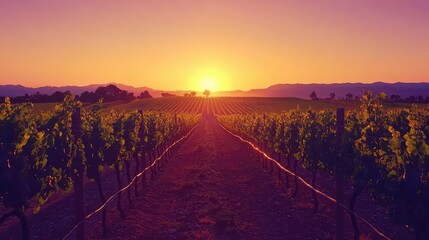 Sunset Over Vineyard Rows with Breathtaking Landscape View