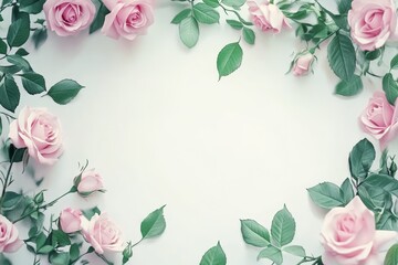 Pink roses and green leaves frame on white background.