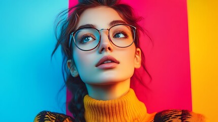 Obraz premium Vibrant portrait of a young woman studio photography colorful close-up