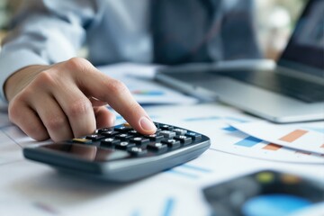 Close-up of hand pressing calculator on desk with financial documents and laptop in background.