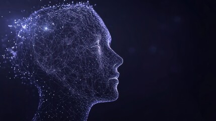Abstract digital human head profile, glowing network, dark background.
