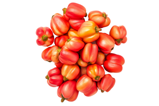 Cluster of fresh, colorful red and orange ackee isolated on white transparent background, highlighting their natural texture