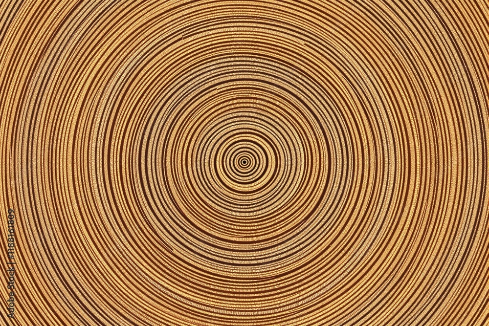 Aufkleber Abstract concentric circular pattern with textured golden lines on wooden background.