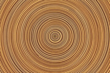 Abstract concentric circular pattern with textured golden lines on wooden background.