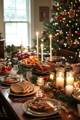 A family enjoying Christmas dinner at a festive table with candles and holiday dishes