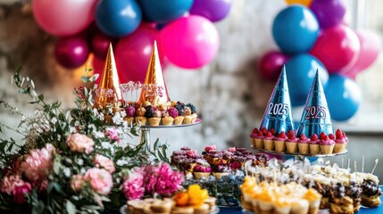 A family-friendly New Year's floral arrangement featuring "2025" party hats, colorful balloons, and a dessert table filled with themed treats