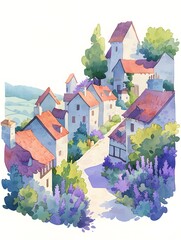 Magical village watercolor illustration filled with shades of lavender and deep purple, Generative AI