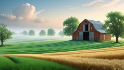 Misty Morning on the Farm, Rolling Fields and a Rustic Barn in a Serene Countryside Scene © Fristy