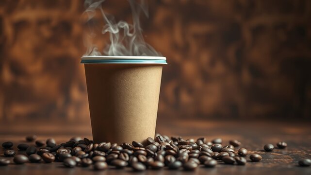 A steaming cup of coffee on a bed of roasted beans, ready to energize the day