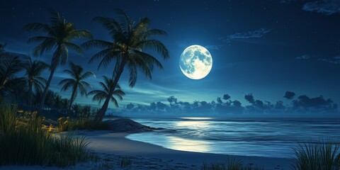 A tropical island night scene featuring palm trees and a moonlit beach sets a perfect Halloween atmosphere while providing ample copy space. Ideal for seasonal themes!