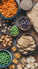 A variety of vegan and gluten-free snacks arranged on a wooden table.