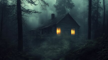 Mysterious Abandoned Cabin in Foggy Forest at Night with Glowing Windows