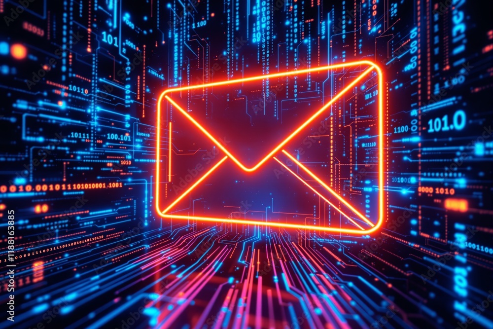 Aufkleber Neon envelope icon over digital background with binary codes and glowing lines.