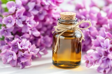 Brown glass bottle surrounded by lilac flowers on a soft background.