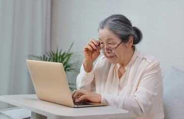 노트북을 하는 여성 어르신 _ 노안의 증세