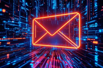 Neon envelope icon over digital background with binary codes and glowing lines.