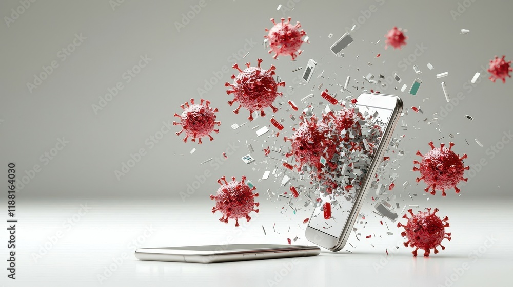 Poster a smartphone explodes with digital virus particles, symbolizing the spread of infections through tec