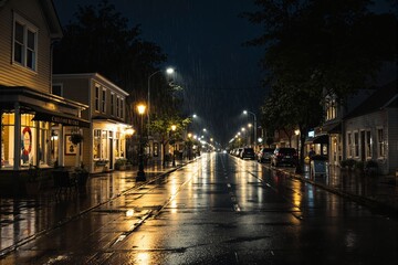 Quiet rainy night on a small-town street with illuminated storefronts and reflective wet pavement.