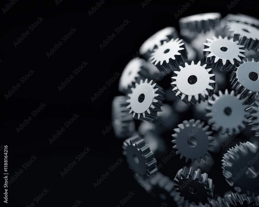 Poster a 3d rendering of metallic gears arranged in a spherical shape, set against a dark background, highl