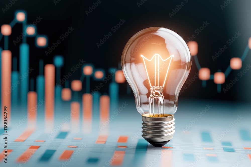 Poster a glowing light bulb stands out against a backdrop of colorful data graphs, symbolizing innovation a