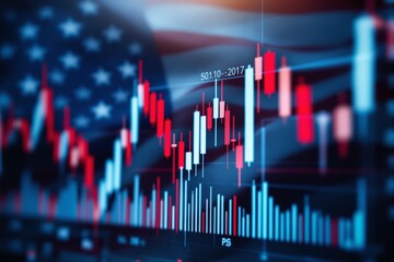 Financial stock market chart with American flag in background.