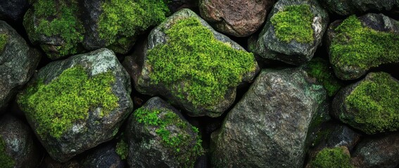 Textured rocks with green moss highlights create a striking natural pattern on the ground in a forest setting