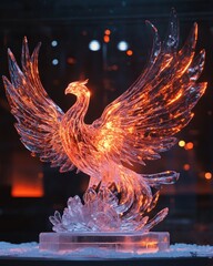 A magical ice sculpture of a phoenix with extended wings, glowing in red and orange hues under spotlights