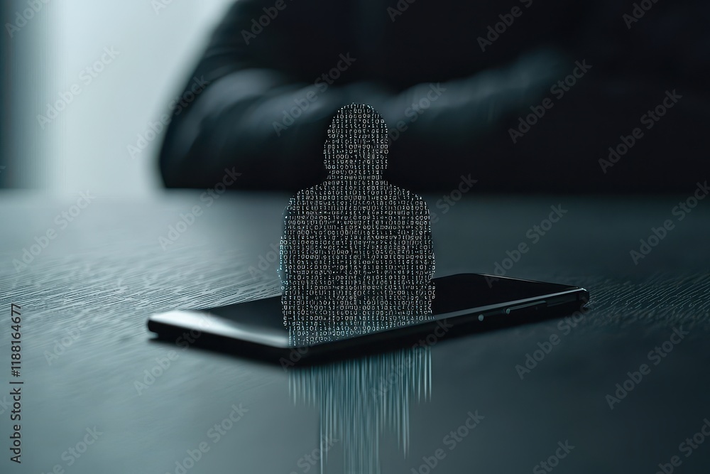 Poster a digital silhouette emerges from a smartphone, symbolizing data privacy and the intersection of tec