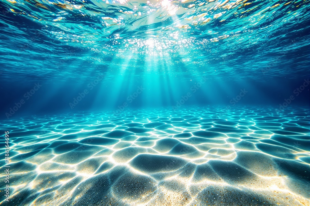 Poster underwater ocean view with sunlight rays shining through water surface, illuminating rippling seabed
