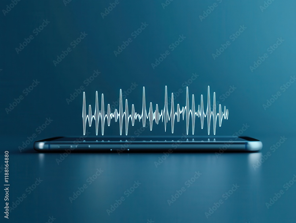 Poster a smartphone displaying a sound wave graphic, symbolizing audio technology and digital sound process