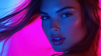 Naklejka premium Neon Dreams: A Captivating Portrait of a Woman with Vibrant Hair and Makeup, Bathed in Pink and Blue Light