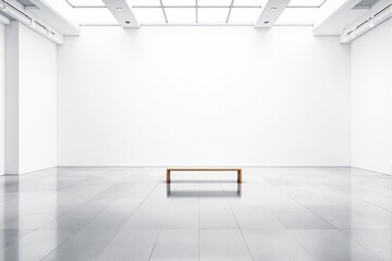 Minimalist white gallery interior with wooden bench and bright lighting.