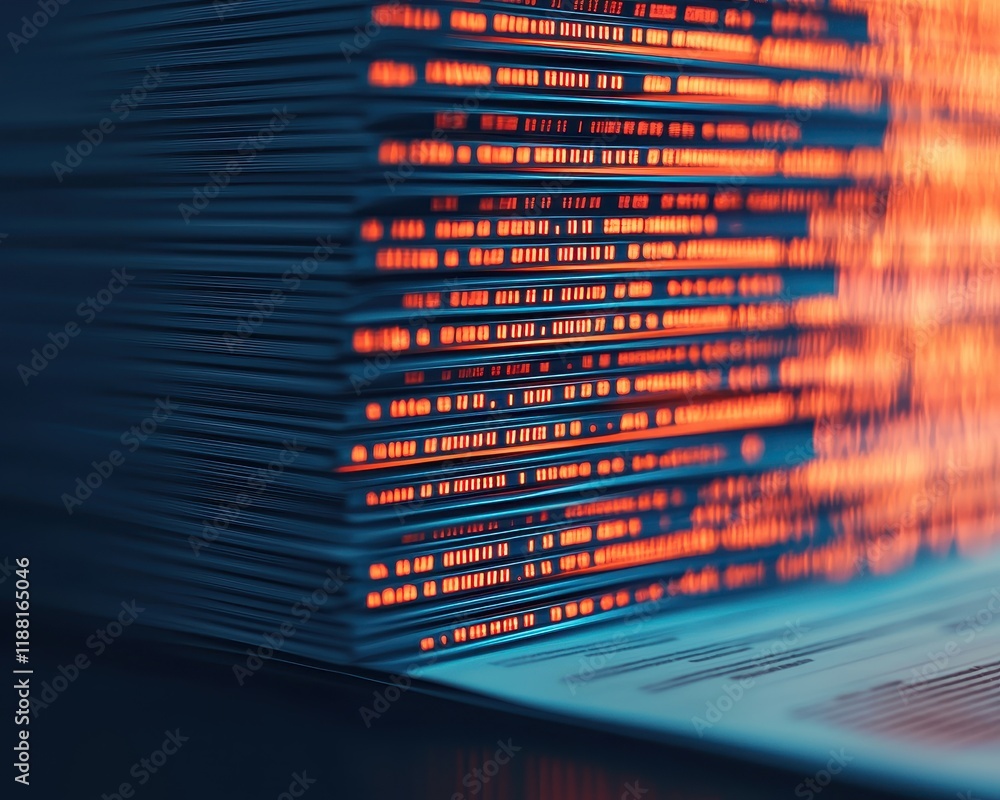 Poster a close-up view of stacked printed materials, showcasing vibrant colors and text patterns, emphasizi