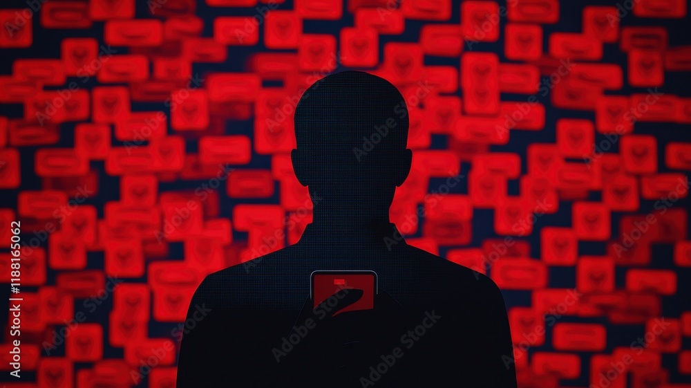 Poster a silhouette stands against a vibrant red background filled with text, evoking themes of data and di