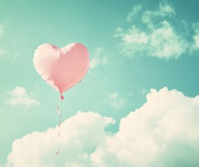 Fototapeta premium A pink heart-shaped balloon floating in the sky, with clouds and small hearts around it. A paper cut-out effect creates an elegant Valentine's Day background.