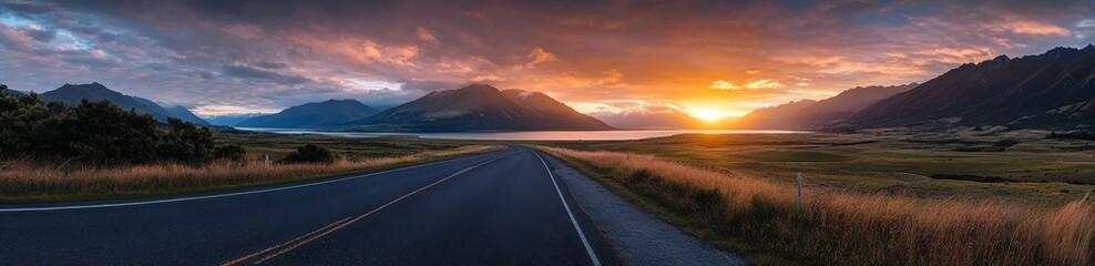 Sunset over the tranquil lake with mountains and winding road in a picturesque landscape