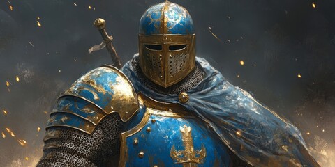 A solemn Middle Eastern warrior clad in armor of blue and gold exhibits a serious demeanor. This knight in striking blue and gold armor commands attention through his presence.