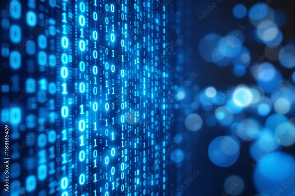 Aufkleber Abstract binary matrix with glowing blue digits and bokeh lights on a dark background. Concept of technology, coding, and data flow.