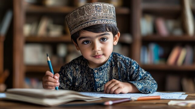 Young Boy Wearing A Cap Draws At A Desk