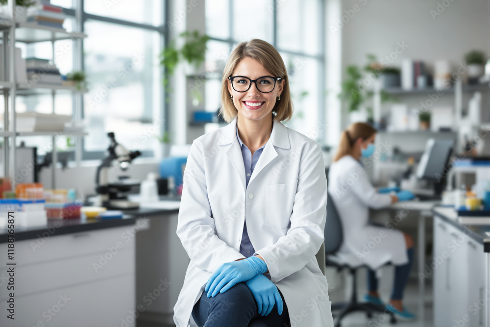 Poster female scientist smiling in laboratory with modern equipment and bright natural light, emphasizing s