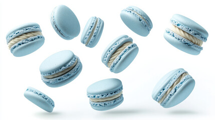 A collection of pastel blue macarons, arranged dynamically, hovering against a pure white background. Each macaron features intricate textures and creamy fillings